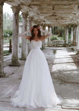Strapless White Lace Tulle Twinkling Wedding Dress With Removable Sleeves